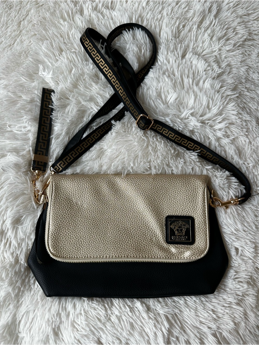 VERSACE PARFUMS Black Metallic Gold Medusa Crossbody Shoulder Bag NWOT